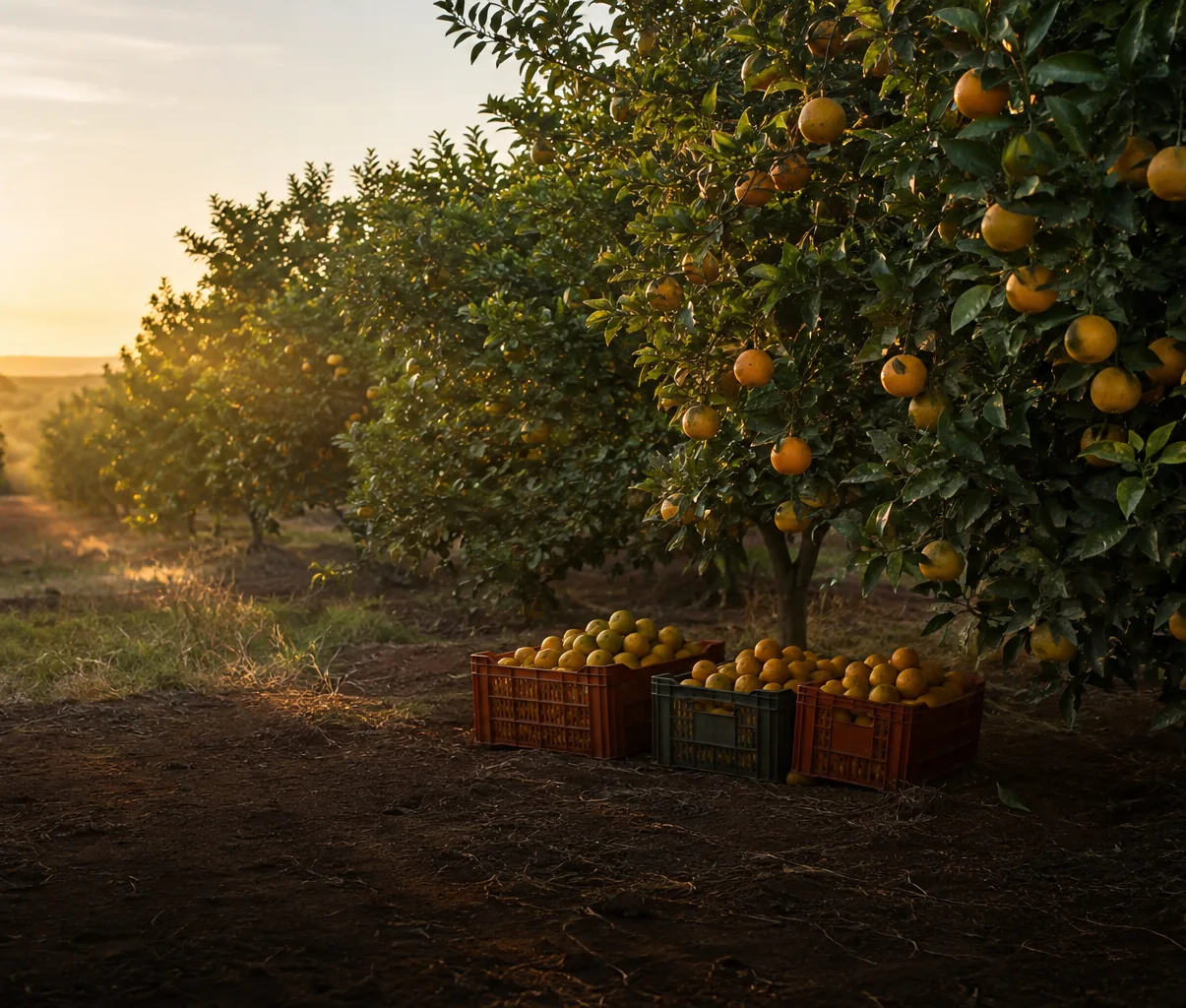 Pomar de laranjas da fazenda Boitanga no fim de tarde, com caixas de colheita cheias ao pé de uma árvore carregada